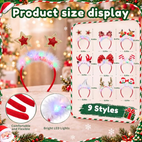 9 Pack Light Up Christmas Headbands with 3 Modes - Assorted Xmas Headwear for Adults & Kids