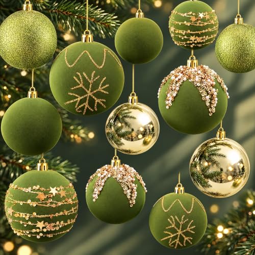 Syhood 12 Pack Olive Green Velvet Christmas Ornaments 3.15 Inch Holiday Decor