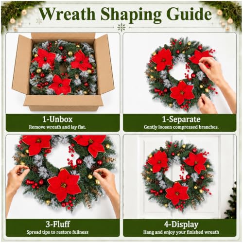 24-Inch Lighted Christmas Wreath with Frosted Poinsettias, Red & Green, Battery-Operated