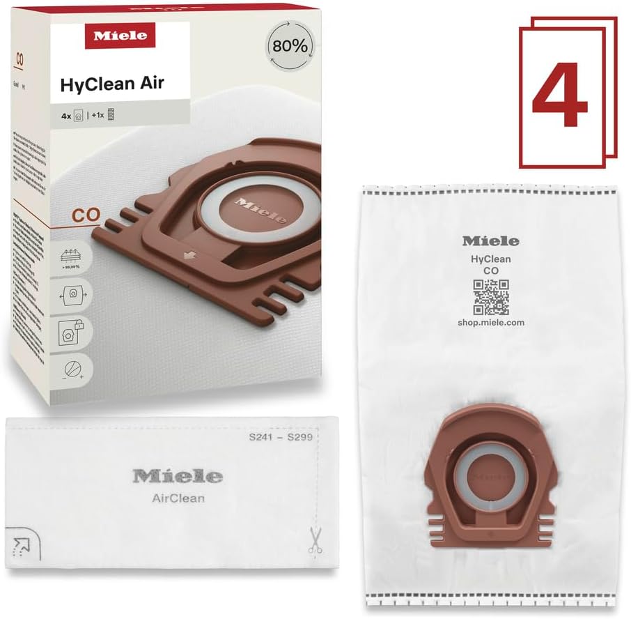 Miele HyClean Air CO Vacuum Cleaner Bags - Pack of 4 with 1 AirClean Exhaust Filter | Compatible with Miele Guard M1