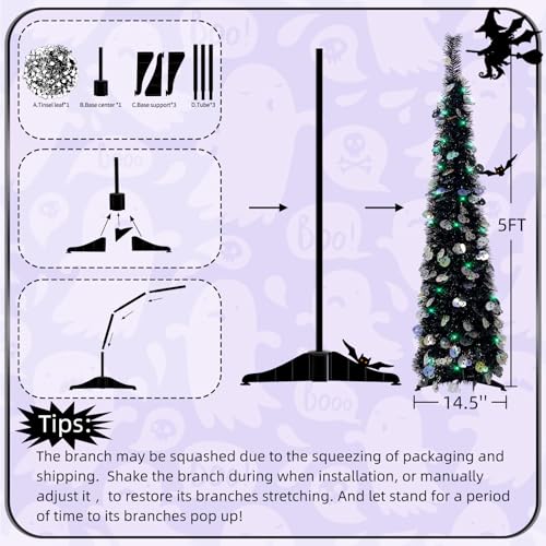 Lighted up Christmas Tree for Indoor Decoration 5FT Pre-lit Mini Balck Pop up Tree with 60 Lights,Black Tinsel with Silver Laser Skull Collapsible Tree Halloween Decorated Tree
