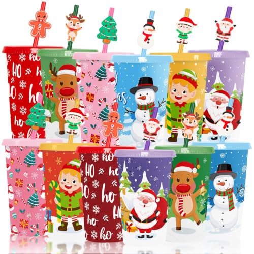 Jansun 12Pcs Christmas Color Changing Cups with Lids & Straws - Holiday Tumbler Set