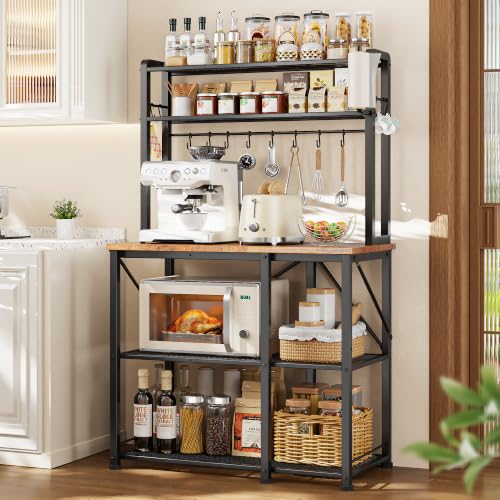 Rustic Brown Coffee Bar with Storage Rack - 34.7 Inch Microwave Stand & Kitchen Organizer