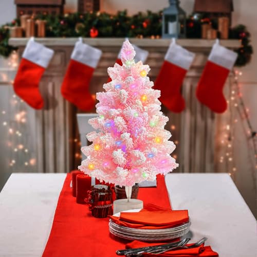 Pink Artificial Christmas Tree with Lights - 2ft Snow Flocked Mini Tree for Indoor & Outdoor Holiday Decor - Battery Operated, Wooden Stand, LED String Included