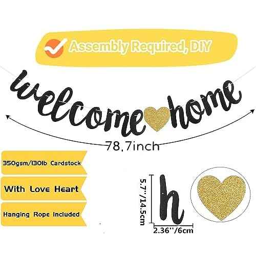 Welcome Home Decorations Glitter Welcome Home Banners Balloons Set Party Pennant Bunting Garland for New Home Family Birthday Christmas Wedding Boy Girl Baby Shower Hanging String Flag Black Golden