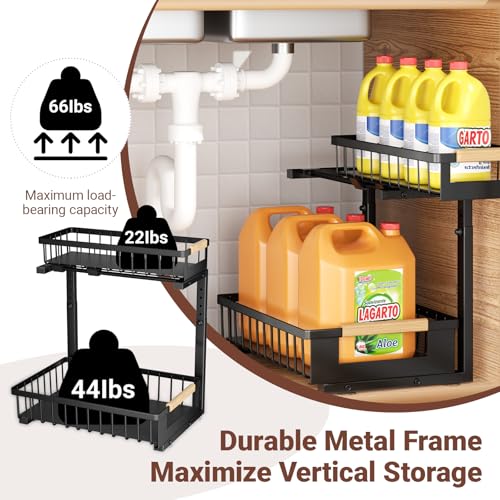 Under Sink Organizer 2 Pack Black - L-Shaped Pull Out Cabinets, Adjustable Metal Storage Rack