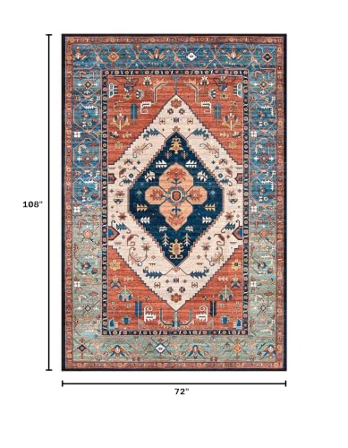 6x9 Rust Oriental Washable Rug - Non-Slip Vintage Area Carpet for Living Room