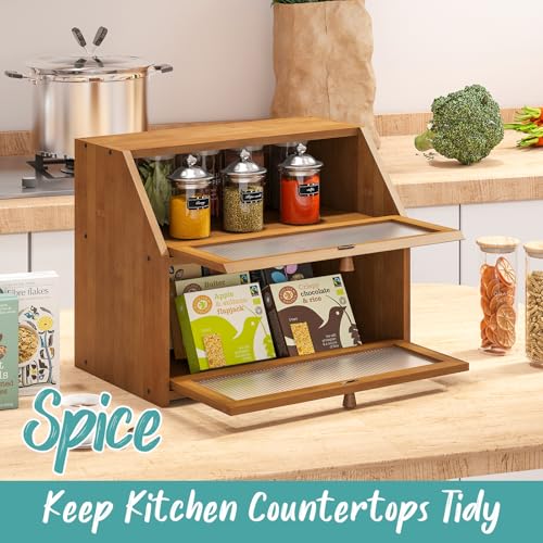 Large Brown Bamboo Double Layer Bread Box for Kitchen Counter - Vriccc