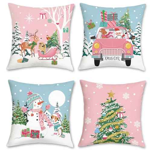 Bonhause Blue Pink Christmas Throw Pillow Covers 18 x 18 Inch Reindeer Snowman Xmas Trees Santa Snow Decorative Pillow Cases for Couch Bed Home Winter Holiday Decor Set of 4