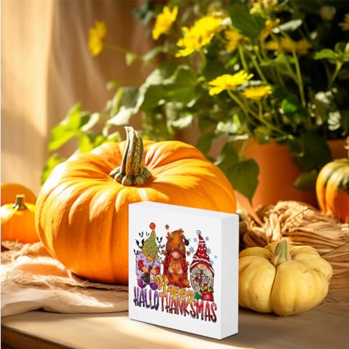 Happy Hallothanksmas Wood Box Sign - Fall Thanksgiving Gnomes Rustic Decor 5x5