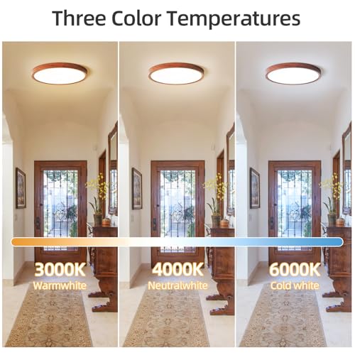 LED Walnut Wood Flush Mount Ceiling Light Fixture 16 Inch - 2 Pack - Adjustable Color Temperature