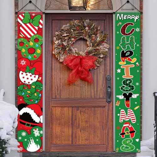 Mouse Christmas Porch Sign Banner 2pcs Christmas Door Banner for Front Yard Hanging Banner