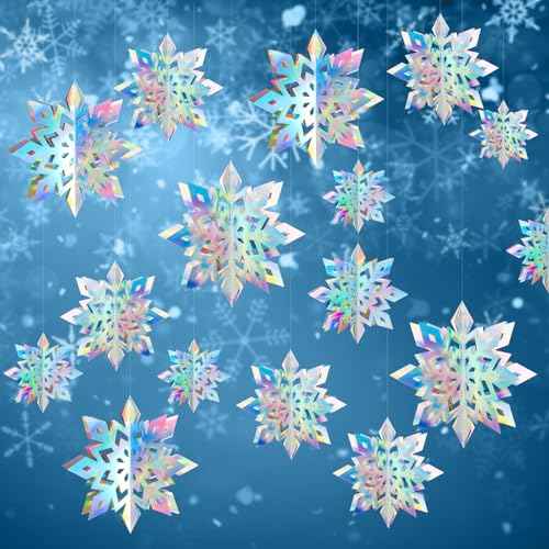 12Pcs Winter Snowflake Ornaments - 3D Large Iridescent Hanging Snowflakes Decorations, Paper Snowflake Garland with 3 Size for Winter Wonderland Frozen Christmas Party Decorations Holiday Home Indoor