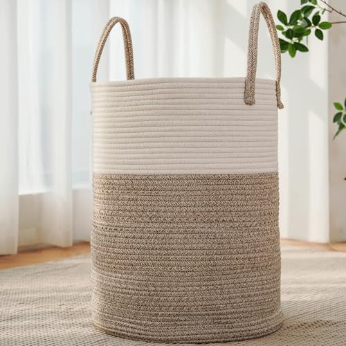 Brown Cotton Rope Laundry Basket Hamper 80L - Collapsible & Tip-Resistant