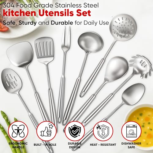 9-Piece Stainless Steel Cooking Utensil Set - Kitchen Tools & Accessories, Dishwasher Safe - Variation of 9