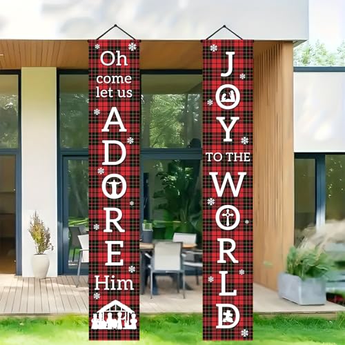 BlissYard Joy To The World Holiday Door Banner - Red & Black Plaid, Snowflake Pattern, Vertical 71x12 Inch - Variation Joy 1