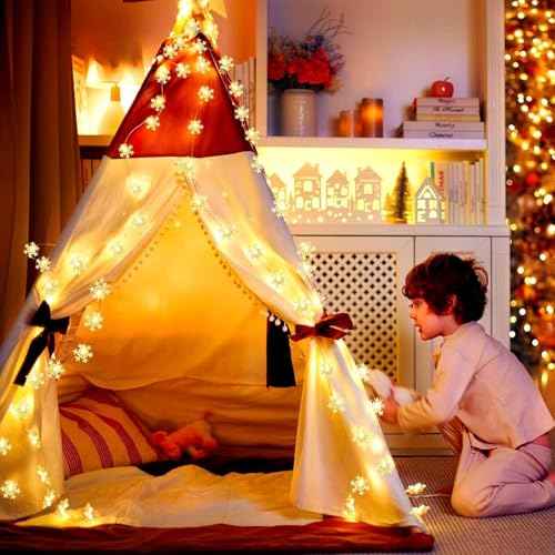 Christmas Snowflake Lights, 20ft 40LED 8 Modes & Timer Battery Operated Snowflake Decorations with Remote Control, Fairy Lights for Indoor Outdoor Holiday Party Decorations