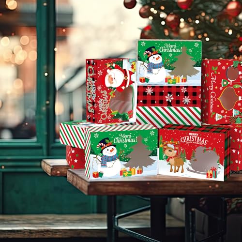 Christmas Bakery Boxes with Window and Festive Designs - Pack of 28