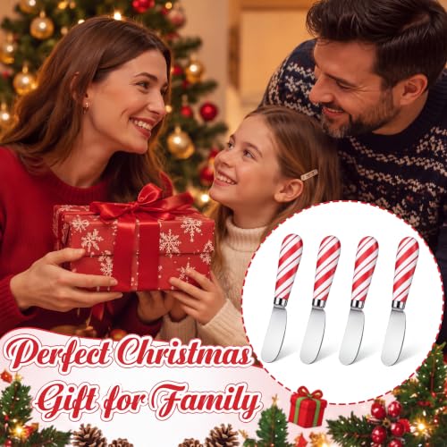 Willinglong 4 Pcs Christmas Red White Stripe Cheese Spreader Knives - Festive Holiday Kitchen Utensils