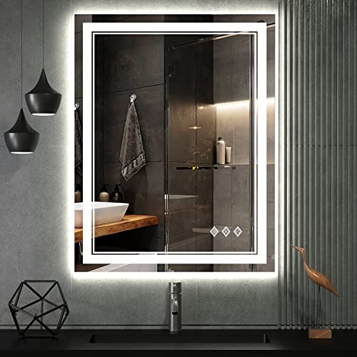 VanPokins 24x32 Inch Front & Backlit LED Bathroom Mirror with Anti-Fog, Dimmable Lights