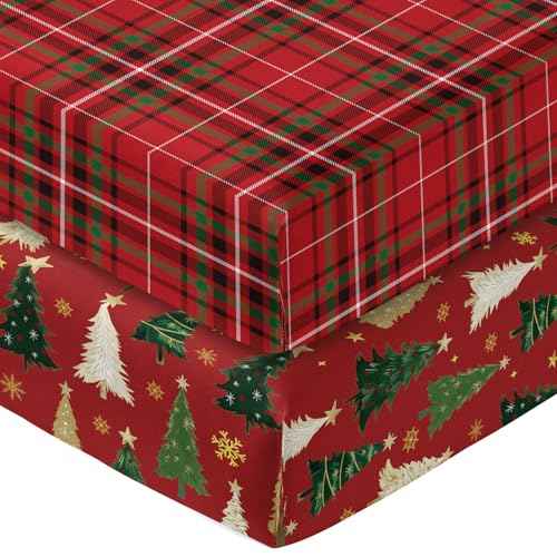 Horaldaily 2 Pack Fitted Crib Sheet for Boys Girls,Christmas Soft Breathable Washable Jersey Microfiber Baby Crib Sheet, Fits Standard Size Crib Mattress 28in x 52in, Trees Nursery Sheet Red/Red