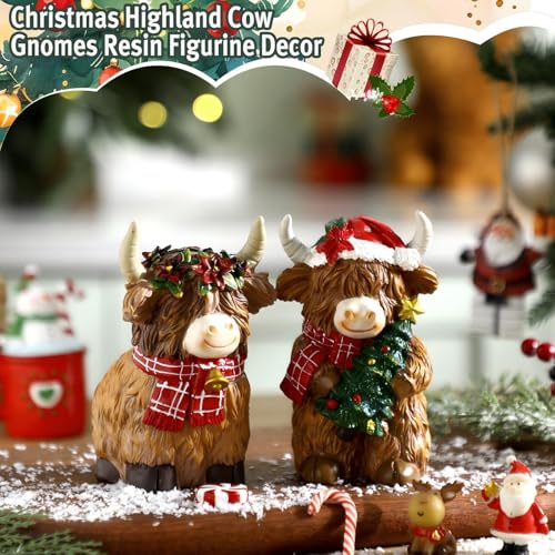 2 Pack Christmas Highland Cow Figurines Decor, Resin Table Decor - Burbell