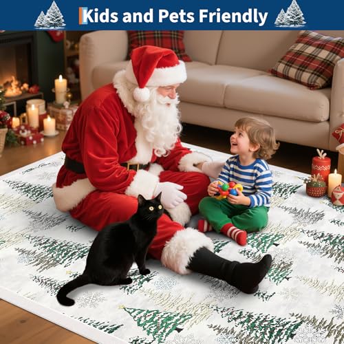 GarveeHome Red & Beige 8x10 Christmas Rug Non Slip Washable Snow Tree Decor