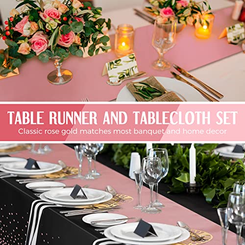 Tudomro Black and Rose Gold Plastic Tablecloths & Satin Runner Set - 16 Pack for Weddings & Parties