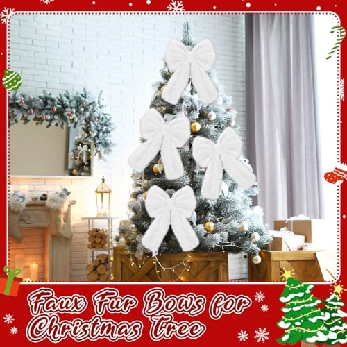 Janinka 6Pcs Large White Faux Fur Christmas Bow Ornaments 13.4 x 9.1 in - White/Plain