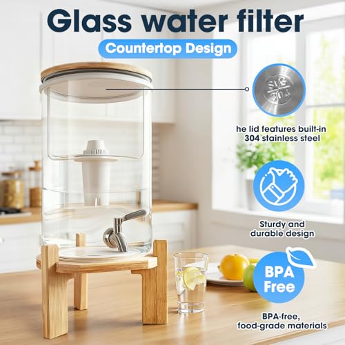 Water Filter Dispenser 2.1 Gallon Glass System with Wooden Stand and Filter for Home Office