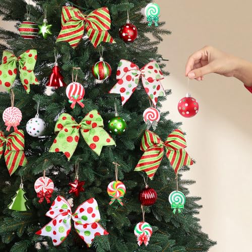 Celltestria 64pcs Christmas Balls with Bows Glittering Hanging Balls Decor — Christmas Ball Kit