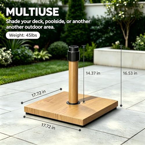 Heavy Duty 45lbs Patio Umbrella Base Stand with Teak Finish - Wind-Resistant Outdoor Support