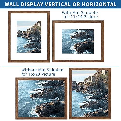 16x20 Picture Frame Set of 2 - Rustic Brown Wood Style for 11x14 Mat - Vertical & Horizontal Display