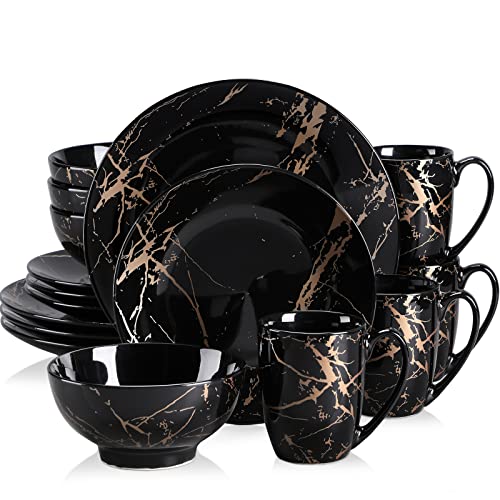 Black & Gold 16-Piece Dinnerware Set for 4 - Porcelain Plates Bowls Mugs