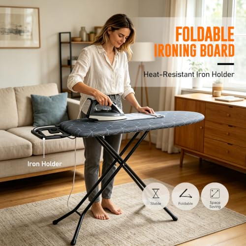 Full Size Foldable Ironing Board with Adjustable Height & Iron Rest - Gray Steel Mesh Surface