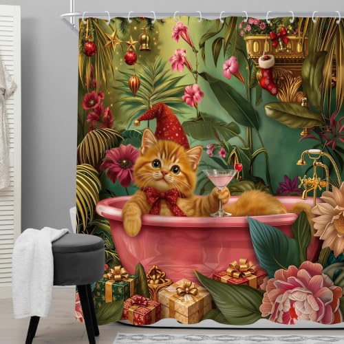 Cinbloo Christmas Cat Shower Curtain Set 72x72 inches Red & Green, Holiday Bathroom Decor