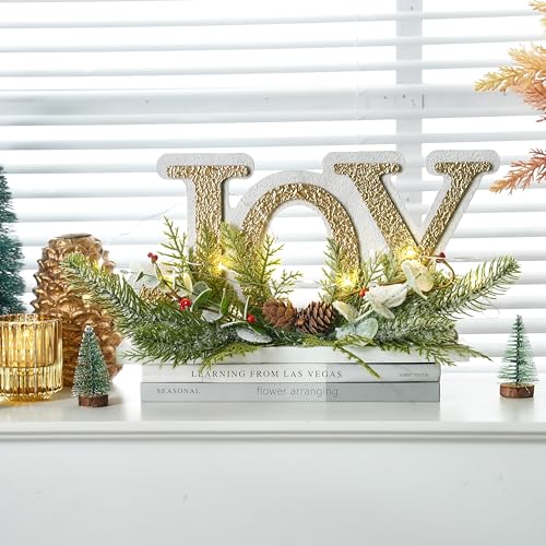 Lighted White and Gold Christmas Joy Sign Decoration Indoor - Festive Holiday Decor