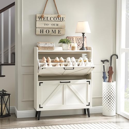 Antique White Barnyatoh Shoe Storage Cabinet with 2 Flip Drawers, Hidden Shoe Organizer