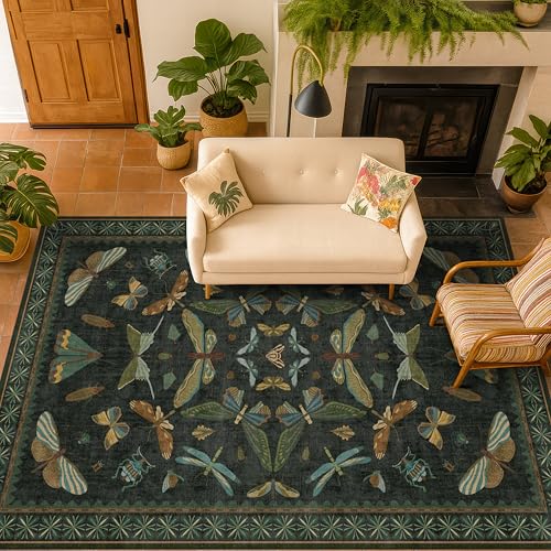 Dark Green Area Rug 5x7 ft for Living Room - Fairy Moss Boho Insect Décor, Washable, Non-Slip
