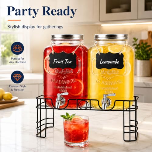 2 Gallon Glass Drink Dispensers with Stand - 2 Pack for Parties & Events