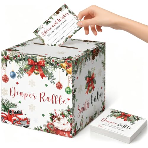 Christmas Baby Shower Decorations Games - 51pcs Diaper Raffle Box & Tickets, Merry Little Theme