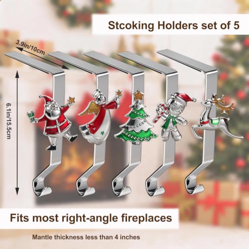 XENTUMI Colorful Set of 5 Reusable Christmas Stocking Holders for Mantle No-Damage Xmas Hooks