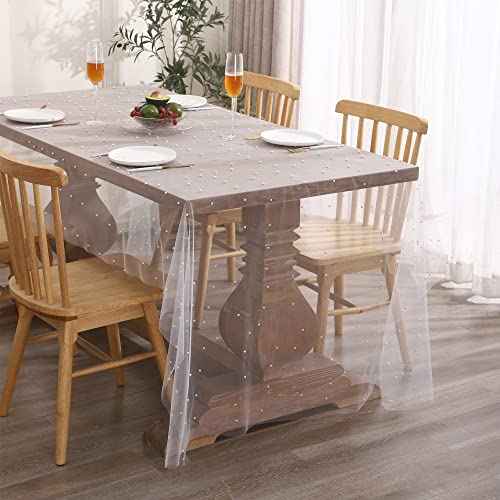 Tosleo White Pearl Table Cloth Valentine's Day Decor Tulle Fabric Lace Tablecloth Table Cover Bridal Veil Tablecloths Chiffon Table Covers for Christmas Wedding Birthday Party Arch(55 x 55 Inch)