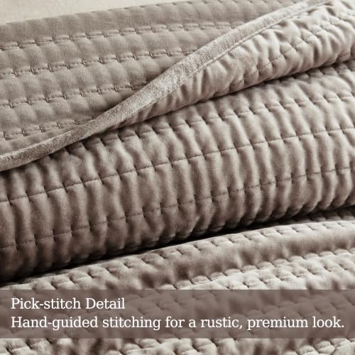 Velvet California King Quilt Set - Oversized Brown Taupe Striped Bedspread with Pillow Shams