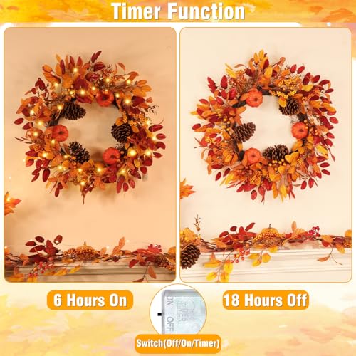 Large 26 Inch Fall Wreath with Lights & Timer for Front Door, Autumn Pumpkin & Eucalyptus Decor