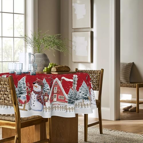 Horaldaily Christmas Round Tablecloth 90 Inch Snowman House Red, Winter Holiday Decor