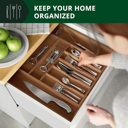 Brown Bamboo Expandable Kitchen Drawer Organizer - Silverware & Utensil Tray with Grooved Dividers, 9 Slots