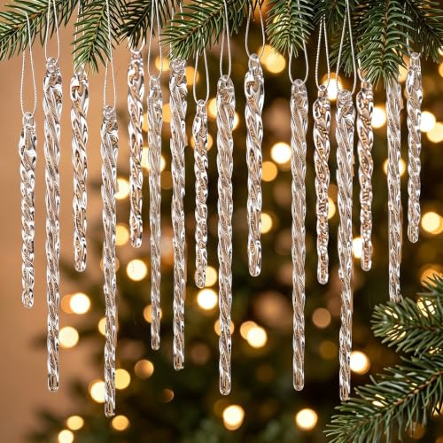 Patelai 64 Pcs Clear Glass Icicle Ornaments for Christmas Tree - 32x3.5in & 32x5.5in - Hanging Wire Included