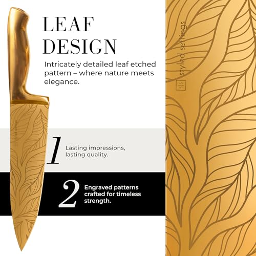 Styled Settings Gold Knives with Etched Leaves Pattern and Sharpener