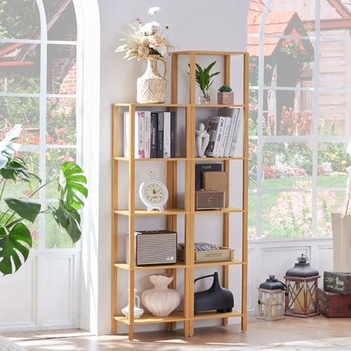 Natural 5-Tier Tall Narrow Bookshelf - Wooden Slim Bookcase for Home & Office